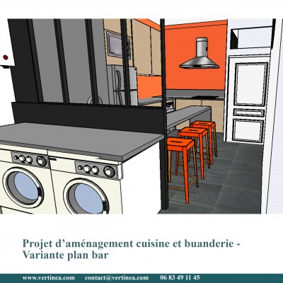 Cuisine verrière et plan bar - Conseils aménagement et déco intérieure Lyon Vertinea