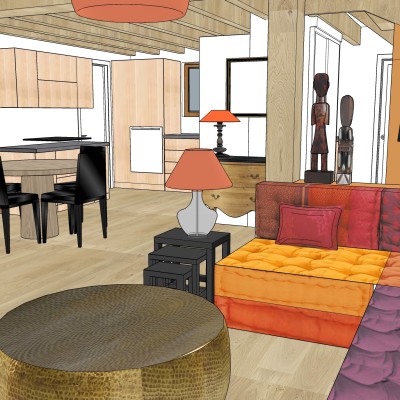 Décoration intérieure, aménagement, rénovation et suivi de chantier appartement Lyon 6 - Proposition 3D Salon ethnic chic
