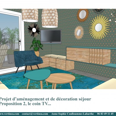 Décoration intérieure, aménagement, rénovation et suivi de chantier appartement Lyon 6 - Proposition 3D Salon scandinave bleu canard