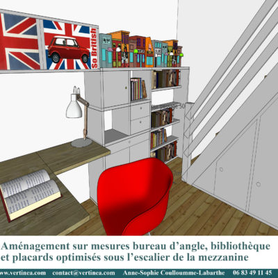 Chambre d'adolescent avec bureau, bibliothèque et placards sur mesures - Décoration intérieure, aménagement, rénovation et suivi de chantier Vertinea à Caluire