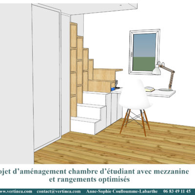 Chambre d'étudiant avec mezzanine, bureau, bibliothèque et placards sur mesures - Décoration intérieure, aménagement, rénovation et suivi de chantier Vertinea à Lyon