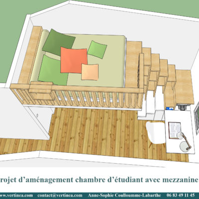 Chambre d'étudiant avec mezzanine, bureau, bibliothèque et placards sur mesures - Décoration intérieure, aménagement, rénovation et suivi de chantier Vertinea à Lyon