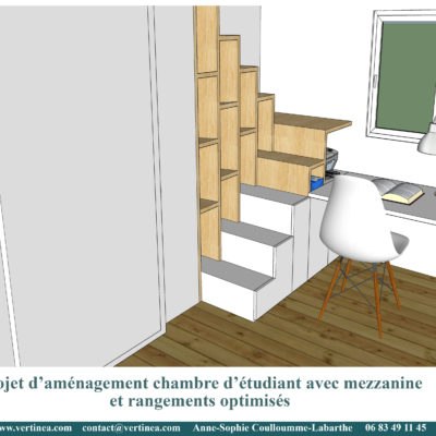 Chambre d'étudiant avec mezzanine, bureau, bibliothèque et placards sur mesures - Décoration intérieure, aménagement, rénovation et suivi de chantier Vertinea à Lyon