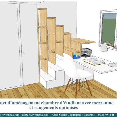 Chambre d'étudiant avec mezzanine, bureau, bibliothèque et placards sur mesures - Décoration intérieure, aménagement, rénovation et suivi de chantier Vertinea à Lyon