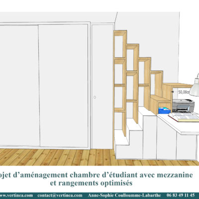 Chambre d'étudiant avec mezzanine, bureau, bibliothèque et placards sur mesures - Décoration intérieure, aménagement, rénovation et suivi de chantier Vertinea à Lyon