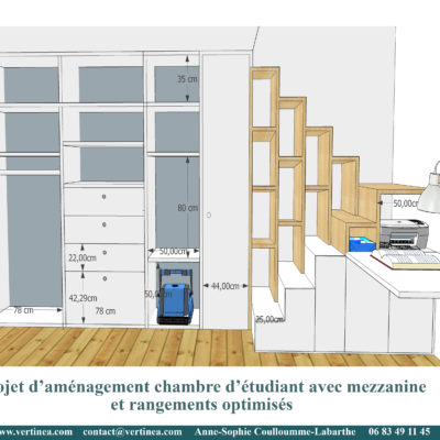 Chambre d'étudiant avec mezzanine, bureau, bibliothèque et placards sur mesures - Décoration intérieure, aménagement, rénovation et suivi de chantier Vertinea à Lyon