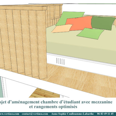 Chambre d'étudiant avec mezzanine, bureau, bibliothèque et placards sur mesures - Décoration intérieure, aménagement, rénovation et suivi de chantier Vertinea à Lyon